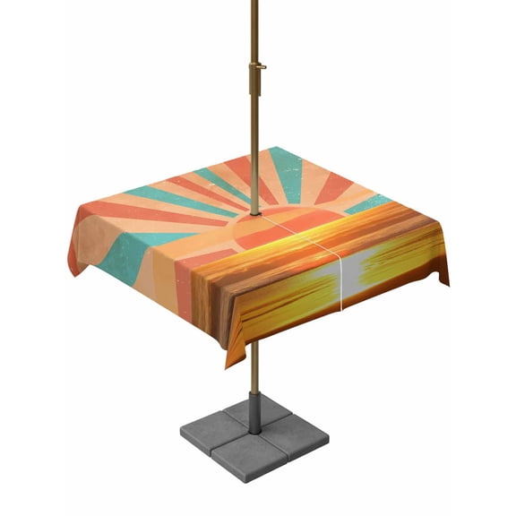 Outdoor Tablecloths with Umbrella Hole & Zipper, Orange Sunset 54x54 Inch Square Tablecloths, Abstract See Beach Landscape Vintage Waterproof Table Cloth, Patio/Pool/Picnic Table Covers
