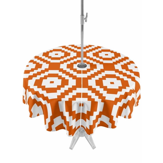 Outdoor Tablecloths with Umbrella Hole & Zipper, Orange White Geometric Round Tablecloth 54 Inch, Modern Abstract Art Waterproof Table Cloth, Patio/Pool/Picnic Table Covers