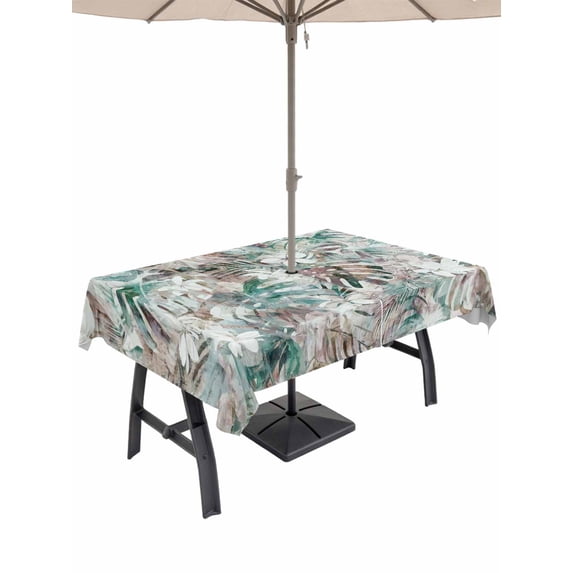 Outdoor Tablecloths with Umbrella Hole & Zipper, Palm Leaves 54x80 Inch Tablecloth Rectangle, Turquoise Tropical Leaf Botanical Retro Spring Waterproof Table Cloth, Patio/Pool/Picnic Table Covers