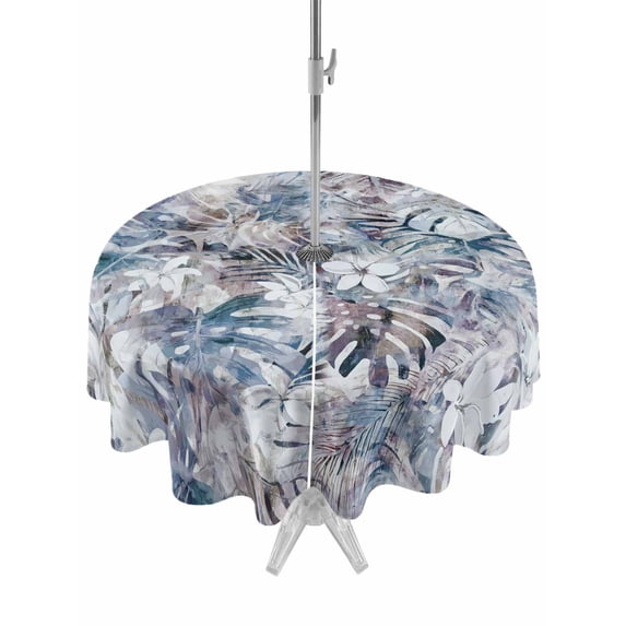 Outdoor Tablecloths with Umbrella Hole & Zipper, Palm Leaves Round Tablecloth 54 Inch, Spring Tropical Leaf Botanical Vintage Blue Waterproof Table Cloth, Patio/Pool/Picnic Table Covers