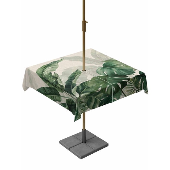 Outdoor Tablecloths with Umbrella Hole & Zipper, Palm Leaves Tropical 54x54 Inch Square Tablecloths, Green Botanical Summer Linen Waterproof Table Cloth, Patio/Pool/Picnic Table Covers