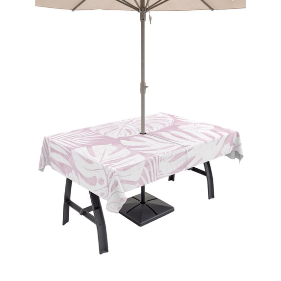 Outdoor Tablecloths with Umbrella Hole & Zipper, Palm Tree Monstera 60 x102 Inch Rectangle Tablecloths, Lavender White Leaf Boho Botanical Tropical Waterproof Table Cloth, Patio Table Covers