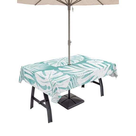 Outdoor Tablecloths with Umbrella Hole & Zipper, Palm Tree Monstera 60 x102 Inch Rectangle Tablecloths, Turquoise White Botanical Leaf Boho Waterproof Table Cloth, Patio/Pool/Picnic Table Covers