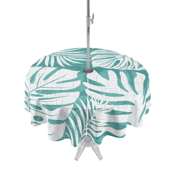 Outdoor Tablecloths with Umbrella Hole & Zipper, Palm Tree Monstera Round Tablecloths 60 Inch, Turquoise Teal White Leaf Boho Botanical Waterproof Table Cloth, Patio/Pool/Picnic Table Covers
