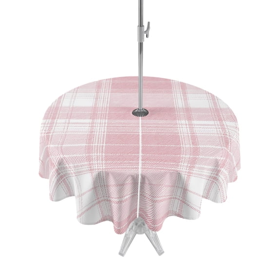 Outdoor Tablecloths with Umbrella Hole & Zipper, Pink Buffalo Plaid Round Tablecloths 60 Inch, Farmhouse Modern Checkered Waterproof Table Cloth, Patio/Pool/Picnic Table Covers