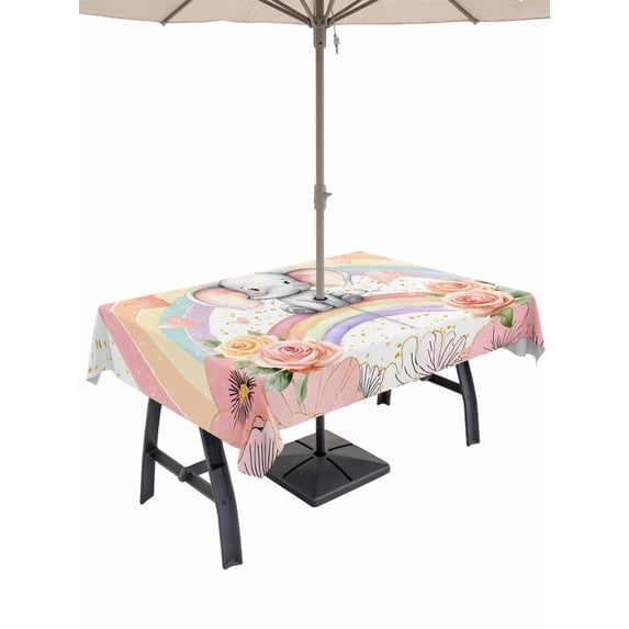 Outdoor Tablecloths with Umbrella Hole & Zipper, Pink Elephants Rectangle Tablecloth 52x70 Inch, Cute Rainbow Spring Floral Botanical Waterproof Table Cloth, Patio/Pool/Picnic Table Covers