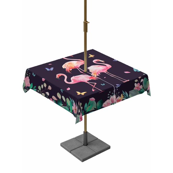 Outdoor Tablecloths with Umbrella Hole & Zipper, Pink Flamingo 54x54 Inch Square Tablecloths, Green Summer Tropical Botanical Black Waterproof Table Cloth, Patio/Pool/Picnic Table Covers