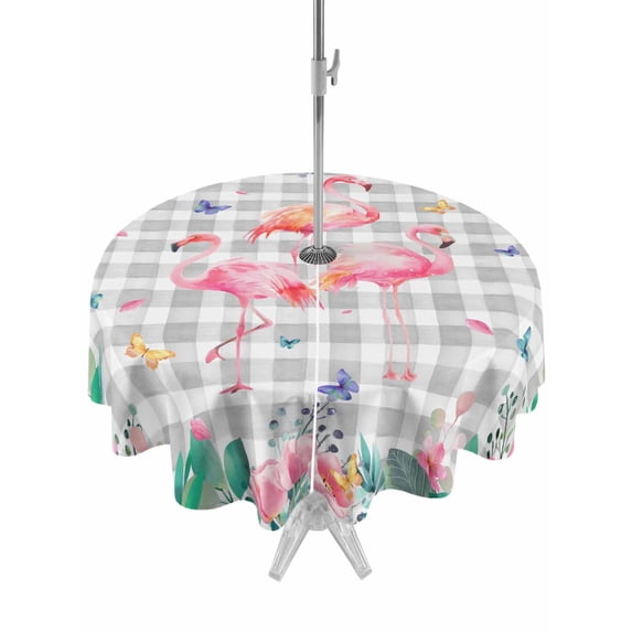 Outdoor Tablecloths with Umbrella Hole & Zipper, Pink Flamingo Round Tablecloth 54 Inch, Green Summer Tropical Botanical Grey Plaid Waterproof Table Cloth, Patio/Pool/Picnic Table Covers