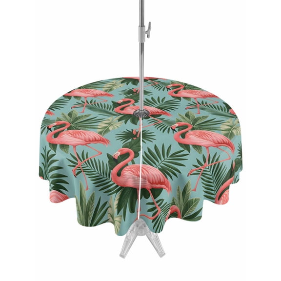 Outdoor Tablecloths with Umbrella Hole & Zipper, Pink Flamingos Round Tablecloth 54 Inch, Summer Botanical Watercolor Waterproof Table Cloth, Patio/Pool/Picnic Table Covers