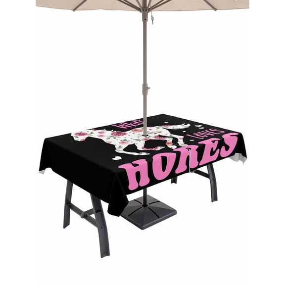 Outdoor Tablecloths with Umbrella Hole & Zipper, Pink Flowers Horse Rectangle Tablecloth 52x70 Inch, JUST A GIRL WHO LOVES HORSE Pink Rose Black Waterproof Table Cloth, Patio/Pool Table Covers