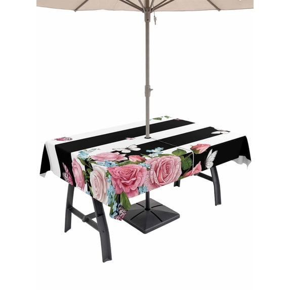 Outdoor Tablecloths with Umbrella Hole & Zipper, Pink Flowers Rectangle Tablecloth 52x70 Inch, Spring Floral Butterflies Black White Striped Farmhouse Waterproof Table Cloth, Patio/Pool Table Covers