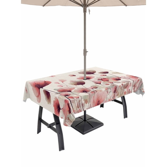 Outdoor Tablecloths with Umbrella Hole & Zipper, Pink Flowers Rectangle Tablecloth 52x70 Inch, Spring Watercolor Botanical Floral Beige Waterproof Table Cloth, Patio/Pool/Picnic Table Covers
