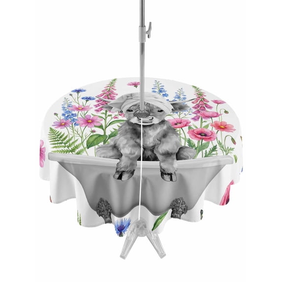 Outdoor Tablecloths with Umbrella Hole & Zipper, Pink Flowers Yak Round Tablecloth 54 Inch, Vintage Spring Floral Bathtub Watercolor Waterproof Table Cloth, Patio/Pool/Picnic Table Covers