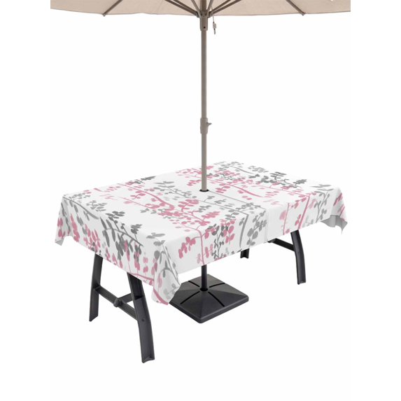 Outdoor Tablecloths with Umbrella Hole & Zipper, Pink Grey Botanical 54x80 Inch Tablecloth Rectangle, Spring Floral Summer Farmhouse Waterproof Table Cloth, Patio/Pool/Picnic Table Covers