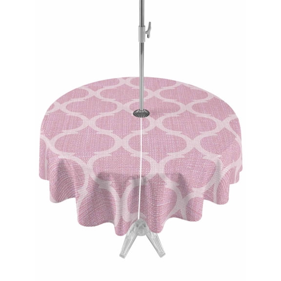Outdoor Tablecloths with Umbrella Hole & Zipper, Pink Morocco Round Tablecloth 54 Inch, Moroccan Boho Ethnic Abstract Grid Art Waterproof Table Cloth, Patio/Pool/Picnic Table Covers