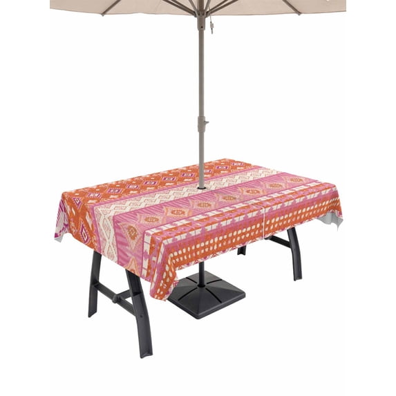 Outdoor Tablecloths with Umbrella Hole & Zipper, Pink Orange Boho 60 x102 Inch Rectangle Tablecloths, Vintage Ethnic Tribe Abstract Art Waterproof Table Cloth, Patio/Pool/Picnic Table Covers