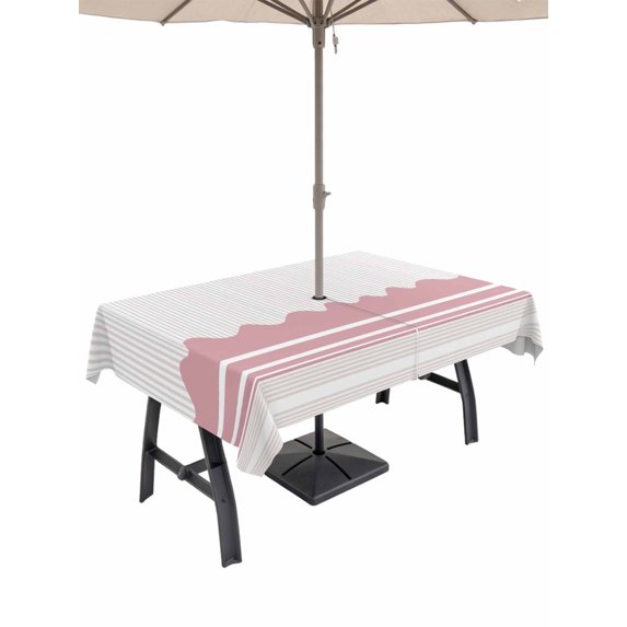 Outdoor Tablecloths with Umbrella Hole & Zipper, Pink Purple Striped Rectangle Tablecloth 60x120 Inch, Abstract Modern Geometric Stripes Waterproof Table Cloth, Patio/Pool/Picnic Table Covers