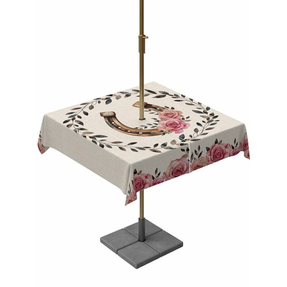 Outdoor Tablecloths with Umbrella Hole & Zipper, Pink Roses 54x54 Inch Square Tablecloths, Spring Horseshoes Floral Leaves Rustic Waterproof Table Cloth, Patio/Pool/Picnic Table Covers