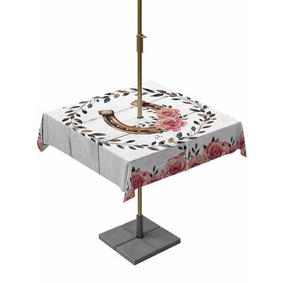 Outdoor Tablecloths with Umbrella Hole & Zipper, Pink Roses 60x60 Inch Square Tablecloths, Spring Horseshoes Floral Leaves Gray Wood Waterproof Table Cloth, Patio/Pool/Picnic Table Covers