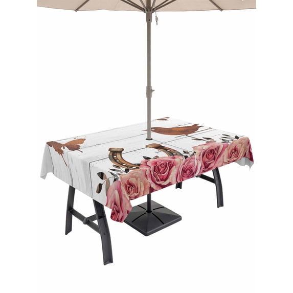 Outdoor Tablecloths with Umbrella Hole & Zipper, Pink Roses Birds Tablecloth Rectangle 60x84 Inch, Spring Floral Butterflies Gray Wooden Waterproof Table Cloth, Patio/Pool/Picnic Table Covers