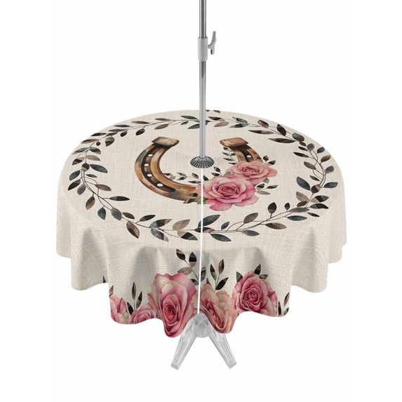 Outdoor Tablecloths with Umbrella Hole & Zipper, Pink Roses Round Tablecloth 54 Inch, Spring Horseshoes Floral Leaves Rustic Waterproof Table Cloth, Patio/Pool/Picnic Table Covers