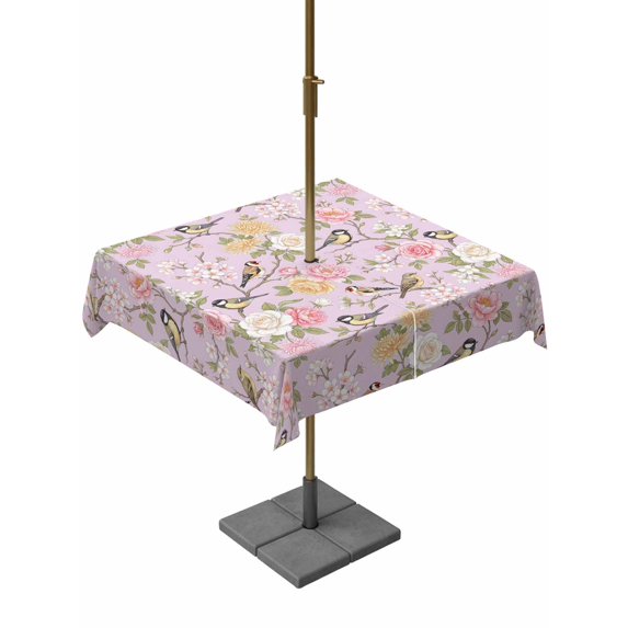 Outdoor Tablecloths with Umbrella Hole & Zipper, Pink Spring Floral 54x54 Inch Square Tablecloths, Elegant Farmhouse Flowers Birds Watercolor Waterproof Table Cloth, Patio/Pool/Picnic Table Covers