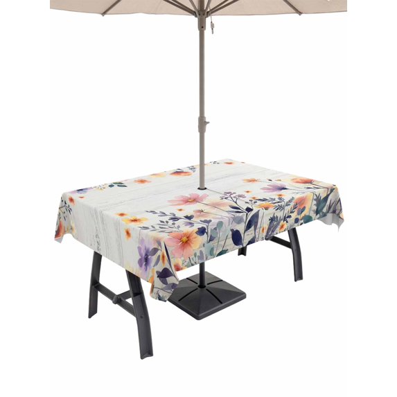 Outdoor Tablecloths with Umbrella Hole & Zipper, Pink Spring Floral 54x80 Inch Tablecloth Rectangle, Elegant Flowers Farmhouse Botanical Wooden Waterproof Table Cloth, Patio/Pool/Picnic Table Covers