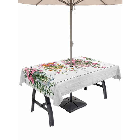 Outdoor Tablecloths with Umbrella Hole & Zipper, Pink Spring Floral 54x80 Inch Tablecloth Rectangle, Wooden Elegant Farmhouse Botanical Waterproof Table Cloth, Patio/Pool/Picnic Table Covers