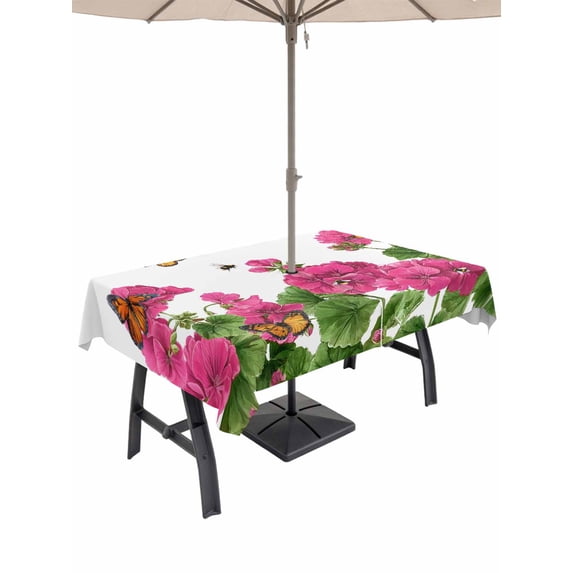 Outdoor Tablecloths with Umbrella Hole & Zipper, Pink Spring Floral Rectangle Tablecloth 52x70 Inch, Butterfly Farmhouse Waterproof Table Cloth, Patio/Pool/Picnic Table Covers