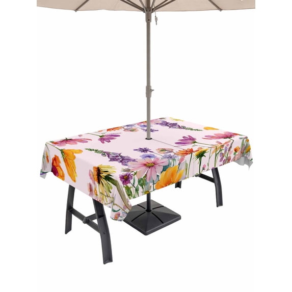Outdoor Tablecloths with Umbrella Hole & Zipper, Pink Spring Floral Rectangle Tablecloth 52x70 Inch, Elegant Pastoral Flowers Daisy Waterproof Table Cloth, Patio/Pool/Picnic Table Covers