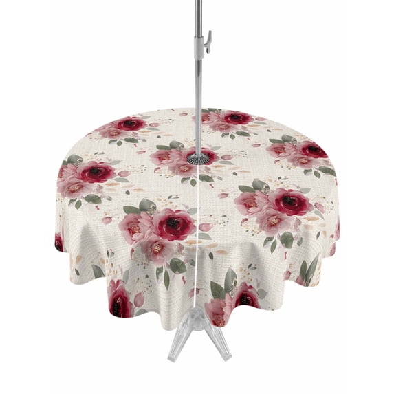 Outdoor Tablecloths with Umbrella Hole & Zipper, Pink Spring Floral Round Tablecloth 54 Inch, Farmhouse Flowers Modern Art Waterproof Table Cloth, Patio/Pool/Picnic Table Covers