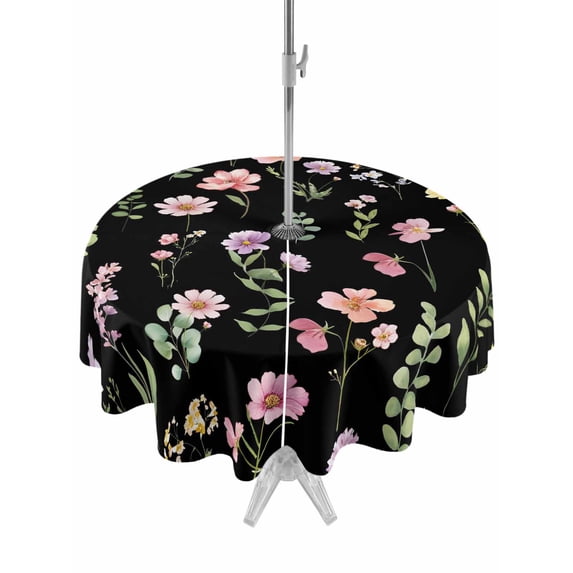 Outdoor Tablecloths with Umbrella Hole & Zipper, Pink Spring Floral Round Tablecloths 60 Inch, Flowers Botanical Elegant Pastoral Black Waterproof Table Cloth, Patio/Pool/Picnic Table Covers