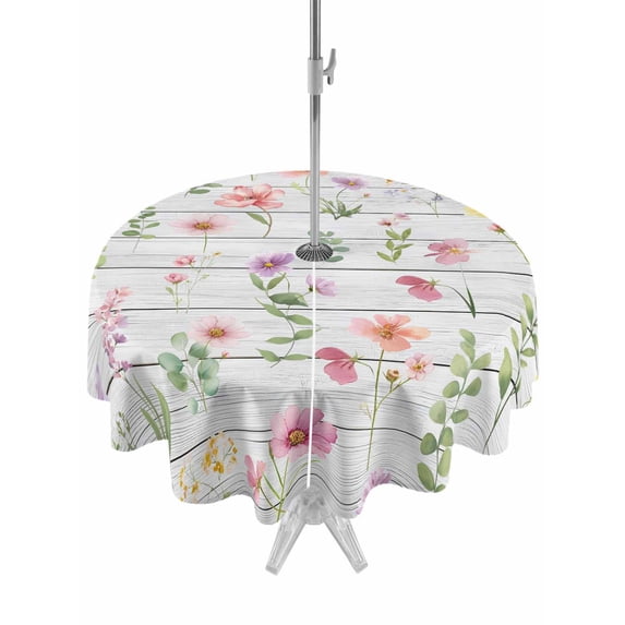 Outdoor Tablecloths with Umbrella Hole & Zipper, Pink Spring Floral Round Tablecloths 60 Inch, Flowers Botanical Elegant Wooden Waterproof Table Cloth, Patio/Pool/Picnic Table Covers