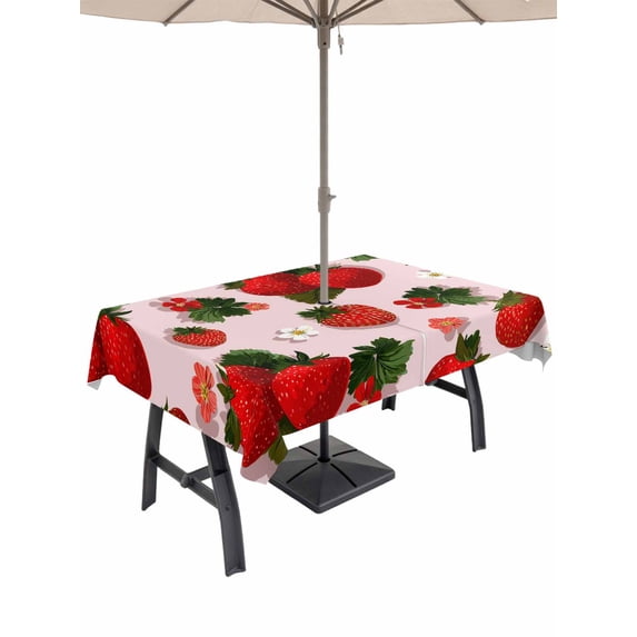 Outdoor Tablecloths with Umbrella Hole & Zipper, Pink Strawberry 54x80 Inch Tablecloth Rectangle, Spring Floral Watercolor Summer Botanical Waterproof Table Cloth, Patio/Pool/Picnic Table Covers