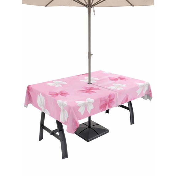 Outdoor Tablecloths with Umbrella Hole & Zipper, Pink White Bow Rectangle Tablecloth 52x70 Inch, Modern Art Watercolor Bowknot Waterproof Table Cloth, Patio/Pool/Picnic Table Covers