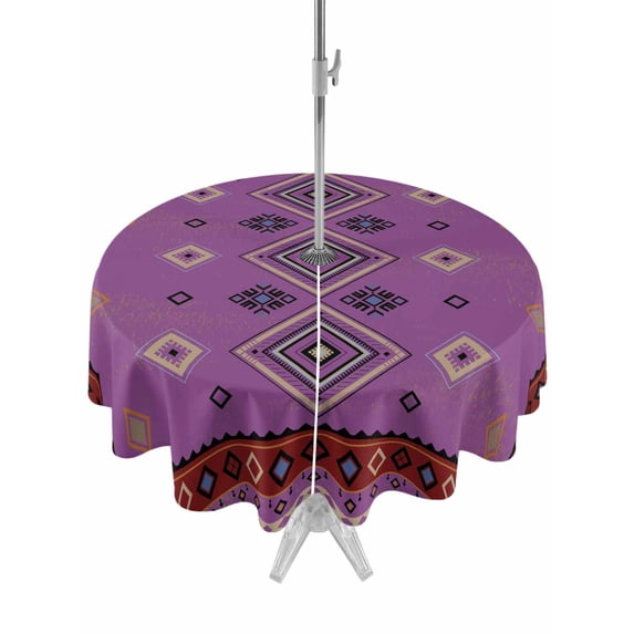 Outdoor Tablecloths with Umbrella Hole & Zipper, Purple Boho Round Tablecloths 60 Inch, Country Abstract Geometric Ethnic Aesthetic Waterproof Table Cloth, Patio/Pool/Picnic Table Covers