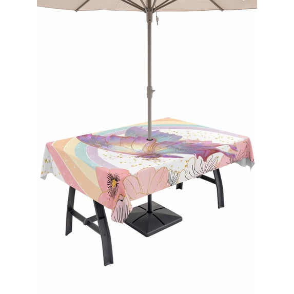 Outdoor Tablecloths with Umbrella Hole & Zipper, Purple Butterfly 54x80 Inch Tablecloth Rectangle, Cute Rainbow Spring Floral Botanical Waterproof Table Cloth, Patio/Pool/Picnic Table Covers