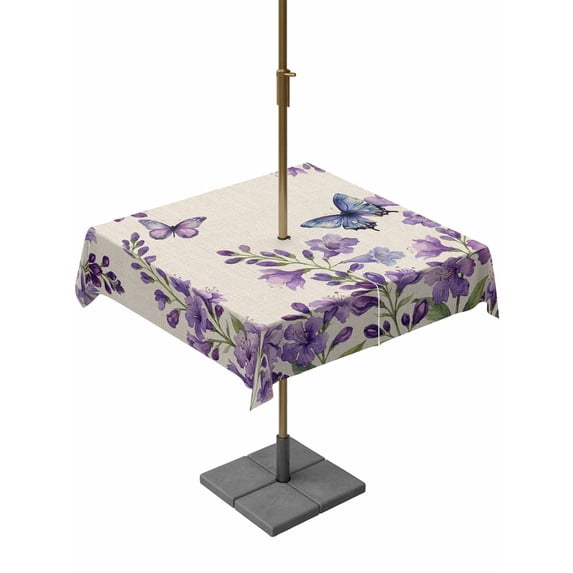 Outdoor Tablecloths with Umbrella Hole & Zipper, Purple Flowers 60x60 Inch Square Tablecloths, Butterfly Spring Floral Rustic Farmhouse Waterproof Table Cloth, Patio/Pool/Picnic Table Covers