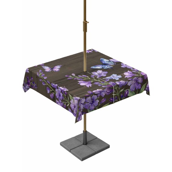 Outdoor Tablecloths with Umbrella Hole & Zipper, Purple Flowers 60x60 Inch Square Tablecloths, Butterfly Spring Floral Wooden Farmhouse Waterproof Table Cloth, Patio/Pool/Picnic Table Covers