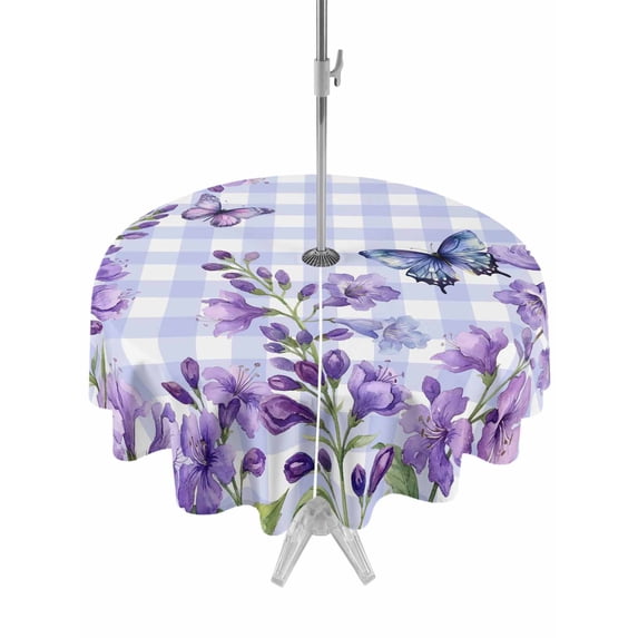 Outdoor Tablecloths with Umbrella Hole & Zipper, Purple Flowers Round Tablecloth 54 Inch, Butterfly Spring Floral Checkered Farmhouse Waterproof Table Cloth, Patio/Pool/Picnic Table Covers