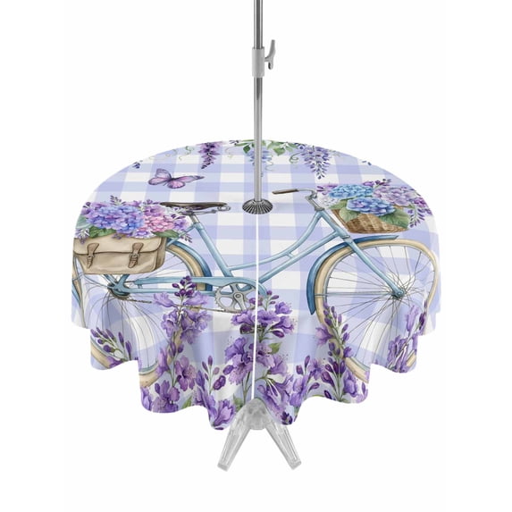 Outdoor Tablecloths with Umbrella Hole & Zipper, Purple Flowers Round Tablecloth 54 Inch, Weeping Spring Floral Bicycle Checkered Waterproof Table Cloth, Patio/Pool/Picnic Table Covers