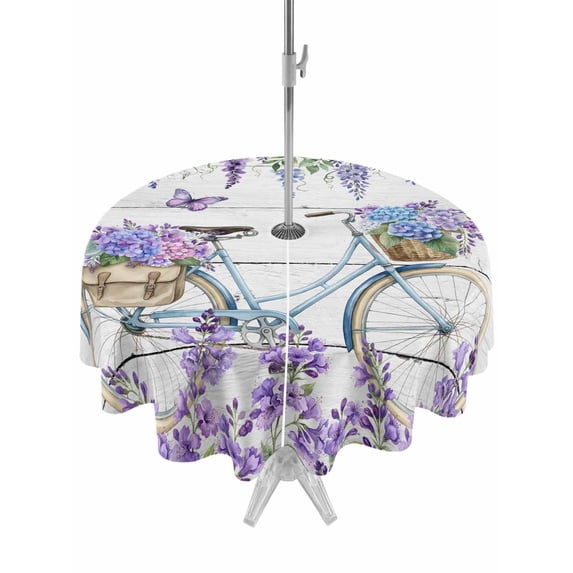 Outdoor Tablecloths with Umbrella Hole & Zipper, Purple Flowers Round Tablecloth 54 Inch, Weeping Spring Floral Bicycle Wooden Waterproof Table Cloth, Patio/Pool/Picnic Table Covers