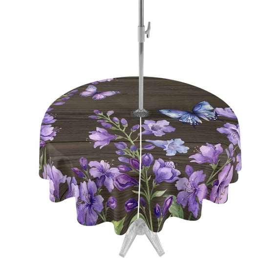Outdoor Tablecloths with Umbrella Hole & Zipper, Purple Flowers Round Tablecloths 60 Inch, Butterfly Spring Floral Wooden Farmhouse Waterproof Table Cloth, Patio/Pool/Picnic Table Covers