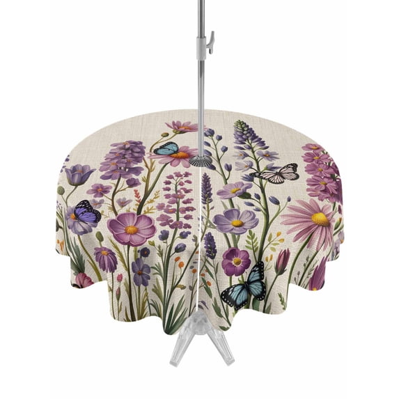 Outdoor Tablecloths with Umbrella Hole & Zipper, Purple Flowers Round Tablecloths 60 Inch, Spring Butterflies Lavender Daisy Beige Waterproof Table Cloth, Patio/Pool/Picnic Table Covers