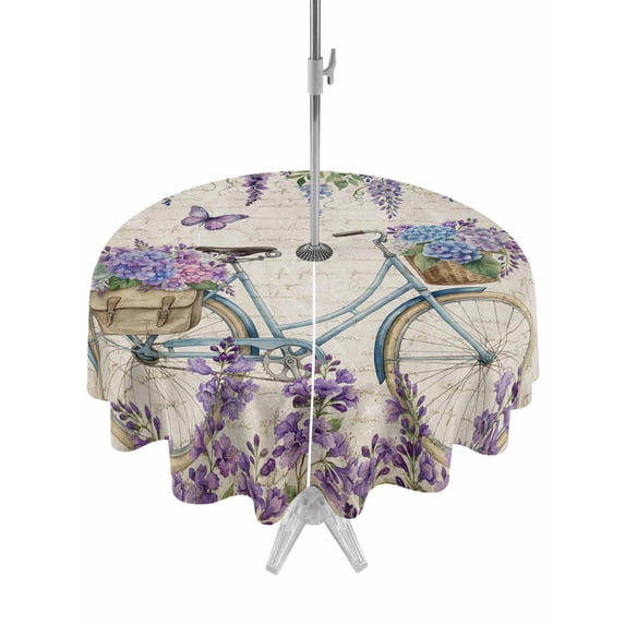 Outdoor Tablecloths with Umbrella Hole & Zipper, Purple Flowers Round Tablecloths 60 Inch, Weeping Spring Floral Bicycle Retro Art Waterproof Table Cloth, Patio/Pool/Picnic Table Covers