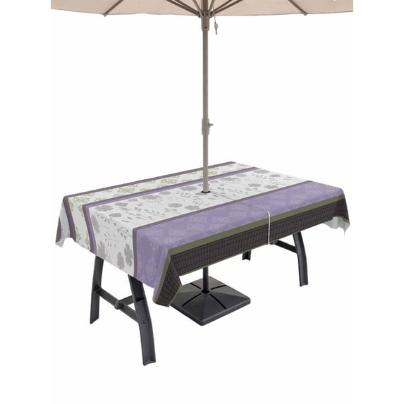 Outdoor Tablecloths with Umbrella Hole & Zipper, Purple Geometric Rectangle Tablecloth 52x70 Inch, Stripes Boho Spring Flowers Country Rural Waterproof Table Cloth, Patio/Pool/Picnic Table Covers