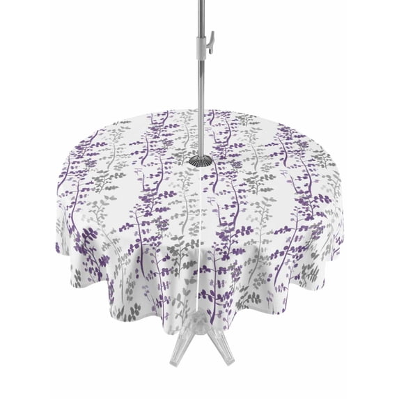Outdoor Tablecloths with Umbrella Hole & Zipper, Purple Grey Botanical Round Tablecloths 60 Inch, Spring Floral Summer Farmhouse Waterproof Table Cloth, Patio/Pool/Picnic Table Covers