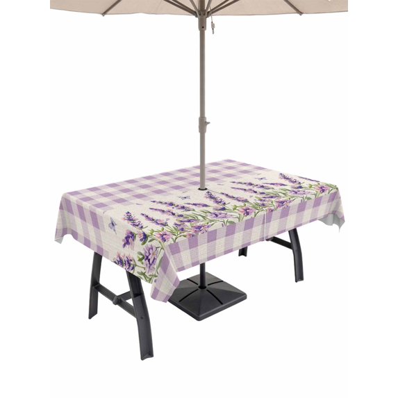 Outdoor Tablecloths with Umbrella Hole & Zipper, Purple Lavenders Tablecloth Rectangle 60x84 Inch, Spring Floral Plaid Farmhouse Rustic Waterproof Table Cloth, Patio/Pool/Picnic Table Covers