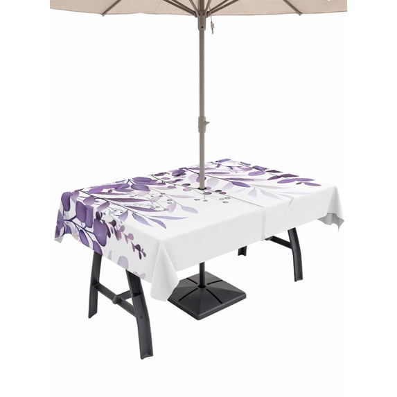 Outdoor Tablecloths with Umbrella Hole & Zipper, Purple Leaves Tablecloth Rectangle 60x84 Inch, Summer Botanical Waterproof Table Cloth, Patio/Pool/Picnic Table Covers