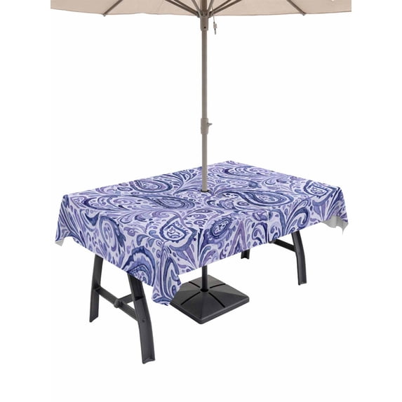 Outdoor Tablecloths with Umbrella Hole & Zipper, Purple Navy Blue Rectangle Tablecloth 52x70 Inch, Retro Botanical Abstract Art Waterproof Table Cloth, Patio/Pool/Picnic Table Covers
